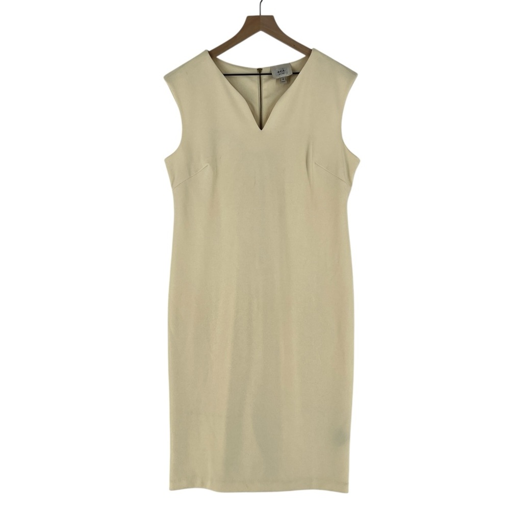 ECI New York Cream Metallic Shimmer Cap Sleeve Sheath Dress V Neck Exposed Zip